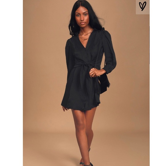 BNWT Lulus Black Button-Up Tie-Front Shirt Dress - Picture 2 of 4